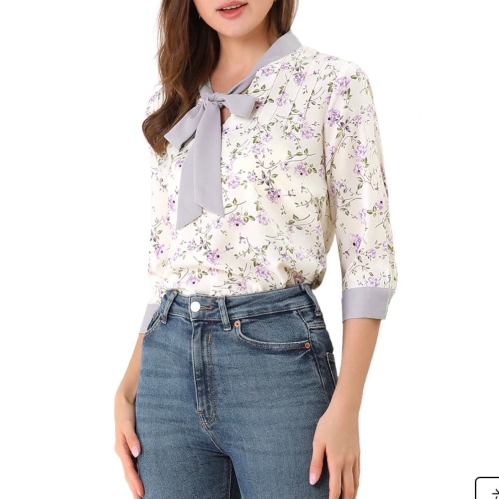 Allegra K Bow Tie Neck 3/4 Sleeve Floral Blouse